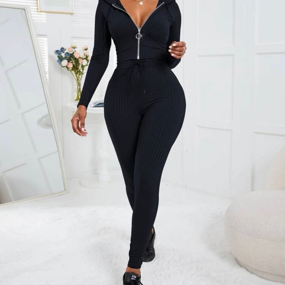 SHEIN SXY Rib-knit O-ring Zipper Drawstring Hoodie &
Leggings Size L Black